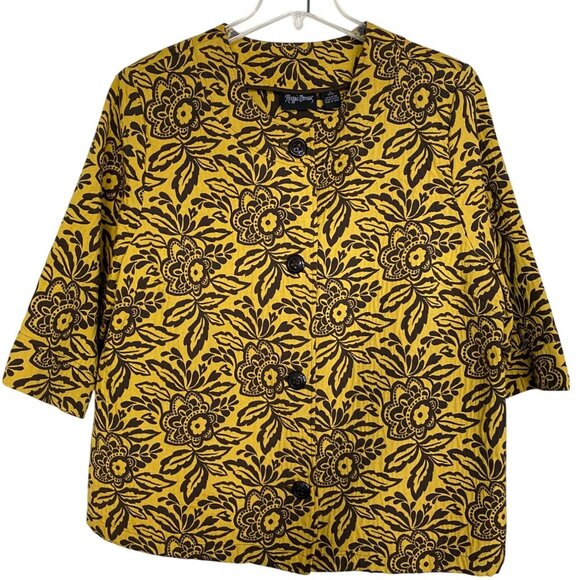 Maggie Barnes Yellow & Brown Floral Cotton Jacket with 3/4 Sleeves Size 2X - Picture 1 of 8
